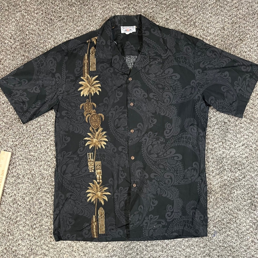 Vintage Pacific Legend Hawaiian Shirt Mens L Black Paisley Tiki Surf Rayon USA